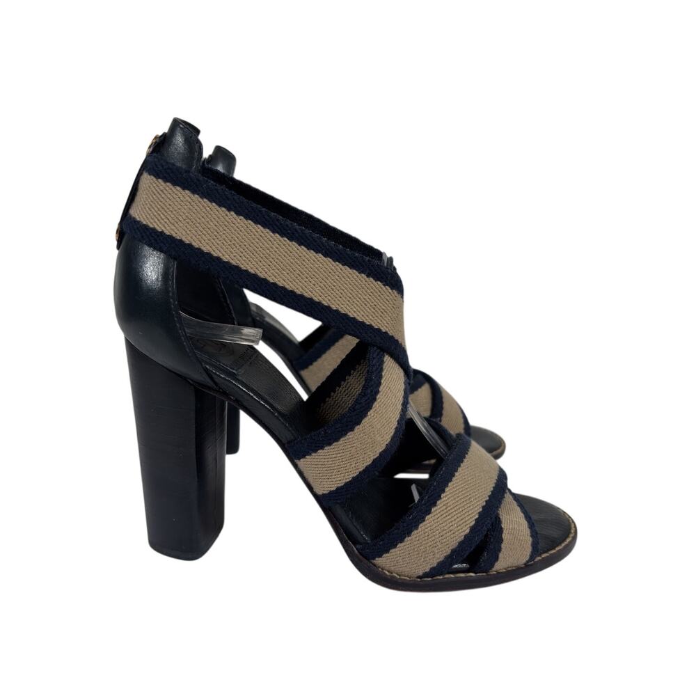 Tory Burch Sandals Womens 7 Navy Blue Laurie Striped Block Heel Slide Logo Studs